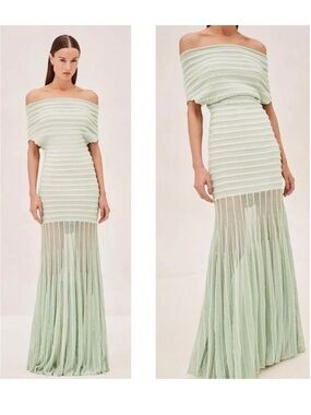 Alexis Marce Off the Shoulder Knit Mint Green Striped Maxi Dress Size Small